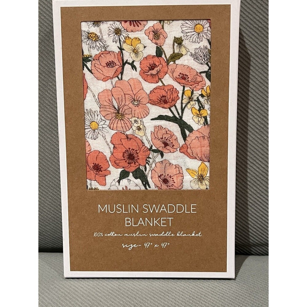 MUD PIE SWADDLE BABY BLANKET Pink Floral 100% Cotton Muslin Girls Flower Field